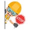 Annoyed industrial worker peeking out from behind a wall holding stop sign. Construction worker with his personal protective