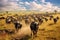 Annual wildebeest migration in the Serengeti, showcasing a vast landscape filled with thousands of animals on the move,