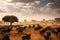 Annual wildebeest migration in the Serengeti, showcasing a vast landscape filled with thousands of animals on the move,