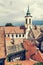 Annunciation church and red roofs of old houses, Szentendre, photo filter