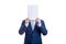 Anonymous businessman covering face with a blank paper sheet, like a mask to hide emotions. Incognito person hidden, isolated on