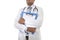 Anonymous corporate portrait of confident male medicine doctor with stethoscope holding clipboard