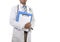 Anonymous corporate portrait of confident male medicine doctor with stethoscope holding clipboard