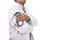 Anonymous crop face male medicine doctor holding stethoscope in his hand wearing medical gown