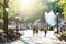 Anonymous crowds of people walking in Washington Square Park in