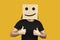 Anonymous happy and positive man with emoji box on head. Joy, success and positive emotions. Thumbs up symbol