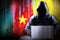 Anonymous hooded hacker, flag of Cameroon, binary code - cyber attack concept