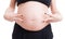 Anonymous pregnant woman belly and hand showing peace or victory