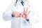 Anonymous proctologyst or gynecologist doctor making finger to h