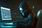 Anonymous skeleton hacker with hood sitting next to computer, AI Generative
