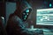 Anonymous skeleton hacker with hood sitting next to computer, AI Generative
