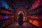 Anonymous tall man under a cloak in the mystical potion shop. Generative AI