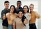 Another day done right. Cropped portrait of a diverse group of businesspeople standing together and making a thumbs up