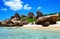 Anse Marron beach with big granite boulders on La Digue Island, Seychelles.