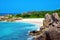 Anse Marron beach with big granite stones in La Digue Island, Seychelles.