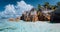 Anse Source d`Argent - Dreamlike, paradise beach with unique bizarre granite boulders, shallow lagoon. La Digue island