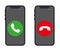 Answer and decline phone call buttons. Green yes/no buttons with handset silhouettes icon.