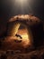 An ant carrying a piece of bread through a tunnel in a mysterious mound of earth.. AI generation