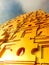 Ant eye view Golden of Bodhgaya Stupa or Golden Phuthakaya Pagoda with blue sky,Kanchanaburi, Thailand