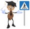 Ant teacher explains rules of road. Pedestrian crossing sign. How to cross street