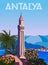 Antalya retro landmark poster, Turkey resort. Vintage touristic travel postcard, placard, vector