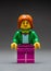 Antalya, Turkey - February 12, 2022: Traveler Lego female character on dark gray background