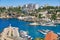 ANTALYA, TURKEY - MAY 21, 2017: Panoramic view on Old marina - most popular tourist place, cozy cafes, luxury restaurants, green