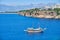 ANTALYA, TURKEY - MAY 21, 2017: Panoramic view on Old marina - most popular tourist place, cozy cafes, luxury restaurants, green