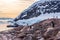 Antarctic cruise ship among icebergs and Gentoo penguins gathered on the rocky shore of Neco bay, Antarctic peninsula, Antarctica