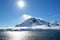 Antarctic ocean, Antarctica. Glacier Snow Covered Mountain. Blue Sky background