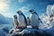Antarctic penguin, sandy shores, encircled by towering icebergs, a tranquil panorama