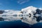 Antarctic seascape with icebergs and reflection