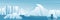 Antarctic wide landscape panorama illustration, nature winter arctic iceberg and snow mountains hills
