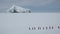 Antarctica Peninsula. A group of people hiking through the snow-capped hills of Antarctica. Scientist research group