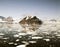 ,antartic icebergs floating on the sea from aerial point o f view in panoramic view
