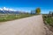 Antelope Flats Road in Mormon Row Historic District in Grand Teton National Park, Jackson Hole, Wyoming