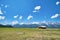 Antelope Flats road scenario, Grand Teton. Mountains and wooden homes