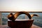 Antelope horn shofar on the wooden trunk board on the balcony