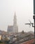 Antenna above the old town in mist