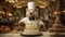 An anthropomorphic bear chef in a chef\\\'s hat decorating a cake in a luxurious kitchen