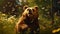 Anthropomorphic bear playing with butterflies against the background of a summer forest