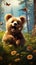 Anthropomorphic bear playing with butterflies against the background of a summer forest