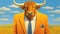 Anthropomorphic bull dressed dressed in a suit like a businessman. Portrait man with an animal face. Human characters through