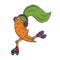 Anthropomorphic cartoon carrot with headphones rides on roller skates, enjoying music and movement