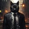 Anthropomorphic Cat in Suit Standing in the Rain