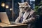 Anthropomorphic cat works on a laptop