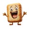 An anthropomorphic character in the form of a piece of bread with eyes and a mouth