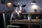 Anthropomorphic cow in a restaurant. Vegan, vegetarian, ecology concept.