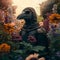 Anthropomorphic crow in beautiful floral garden. Ai generated.