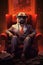 Anthropomorphic dog character. A pug businessman in a business suit and glasses sits in a leather armchair and reads the
